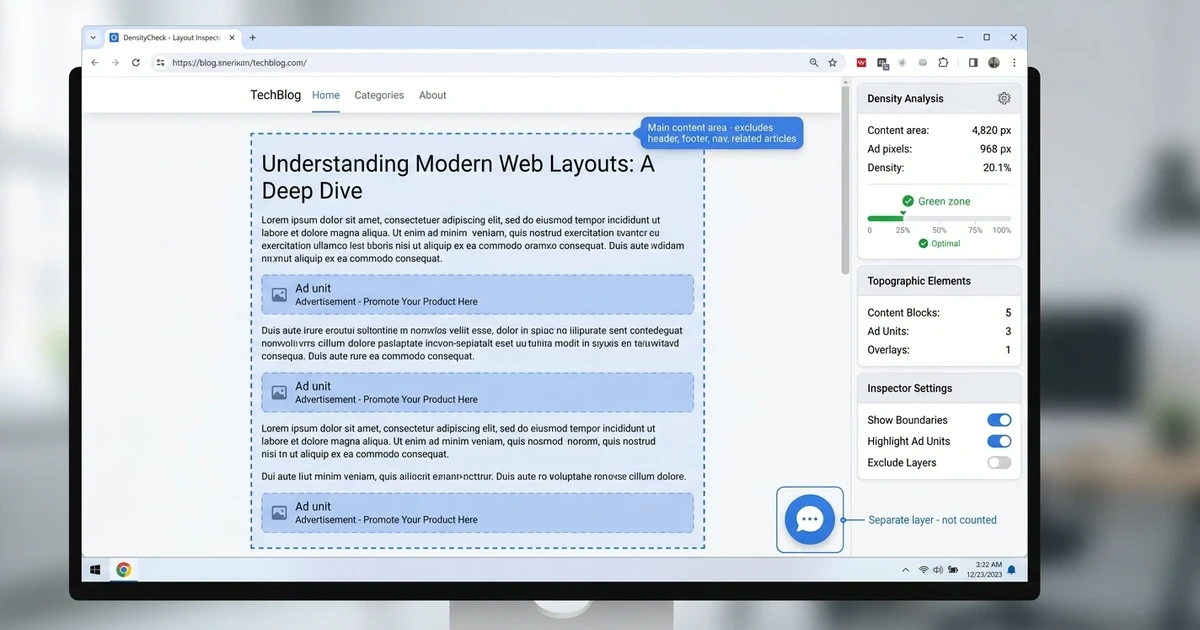 Layout inspector measuring three in-content ad slots against a dashed main content area boundary, with a corner chat bubble outside it marked as not counted