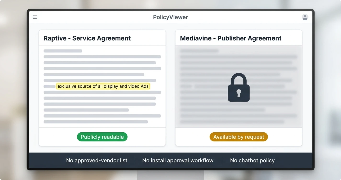 Document comparison tool showing Raptive's publicly readable service agreement beside Mediavine's by-request publisher agreement, with a status bar noting no vendor list, approval workflow, or chatbot policy