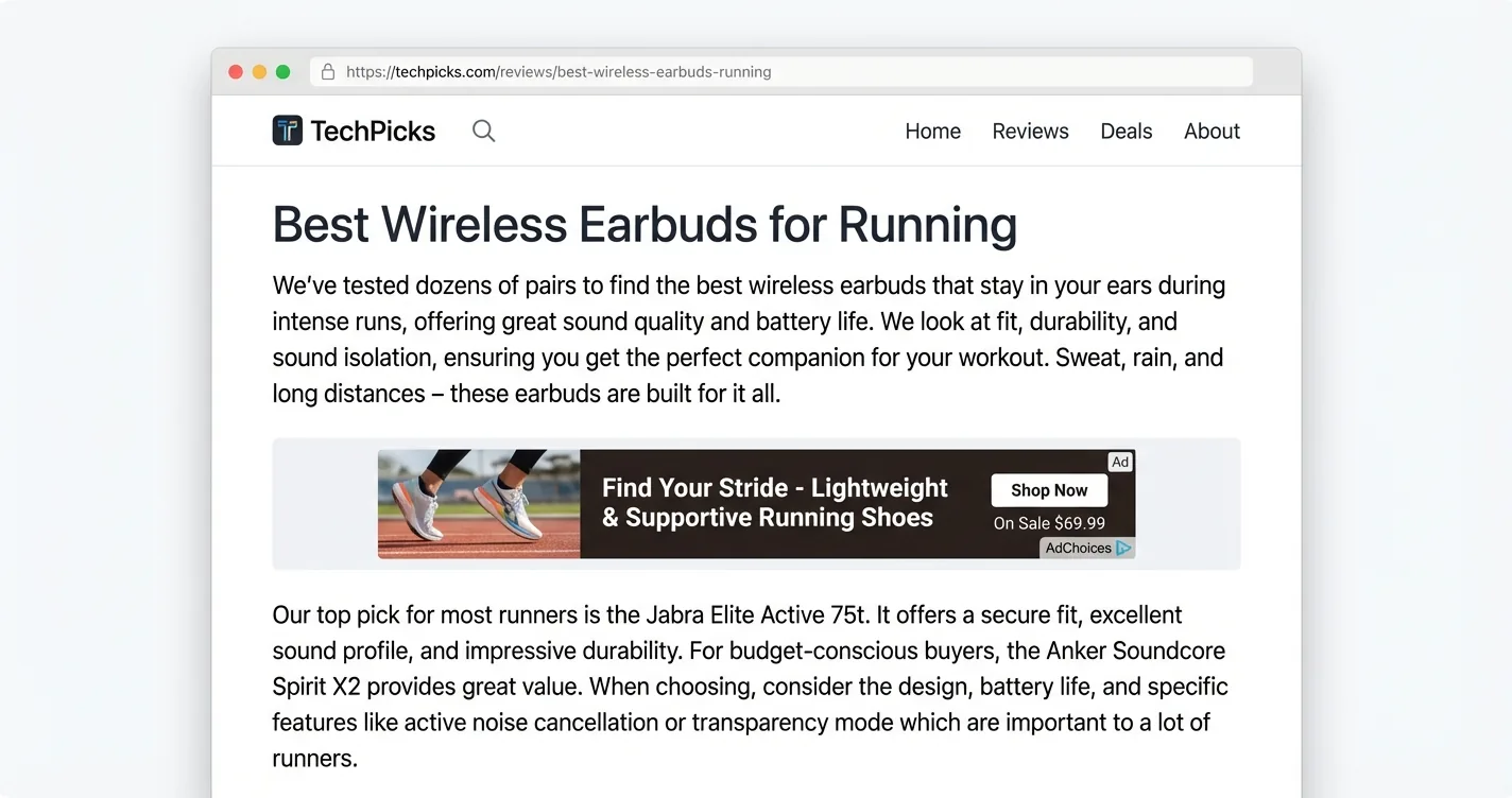 Example of a Google AdSense banner ad displayed between content on a web app