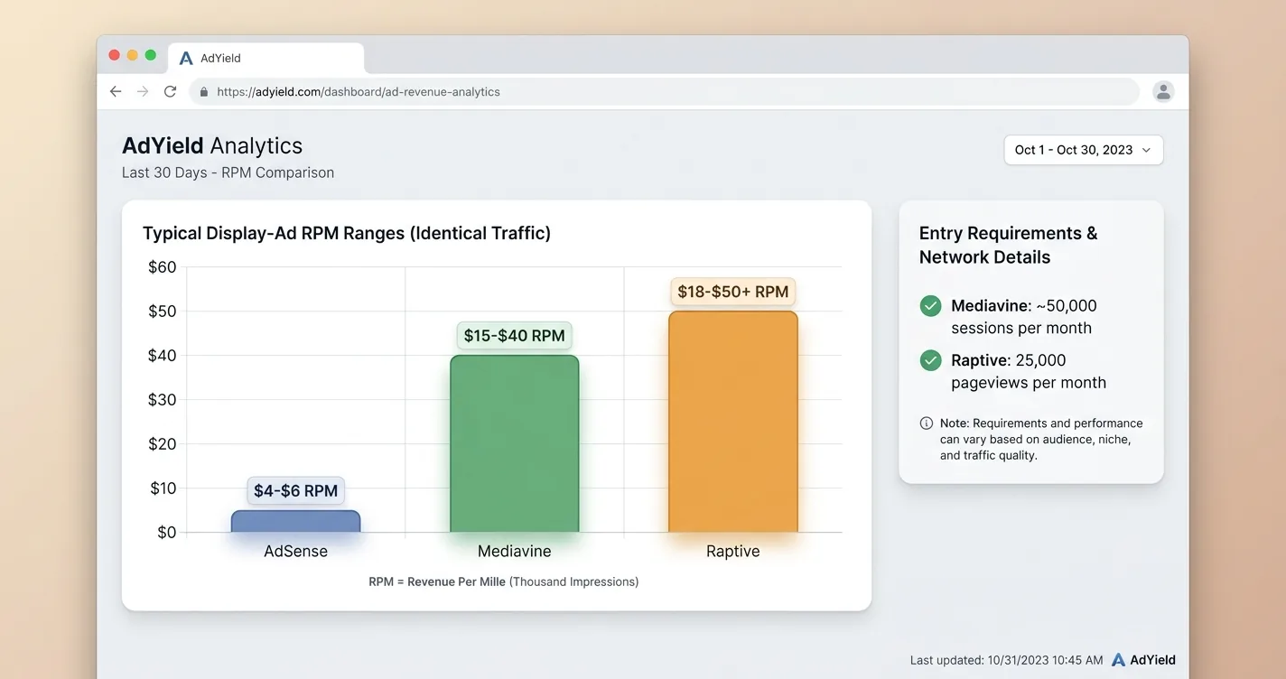 Bar chart comparing typical RPM ranges for AdSense, Mediavine, and Raptive on identical traffic