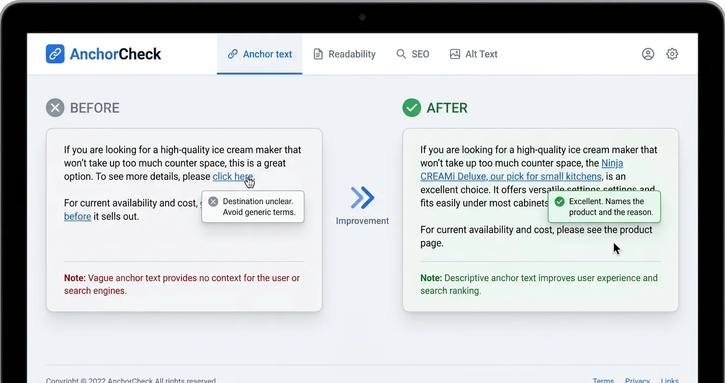 Before and after comparison of affiliate anchor text, replacing click here and check price with a named product and the reason it is the pick