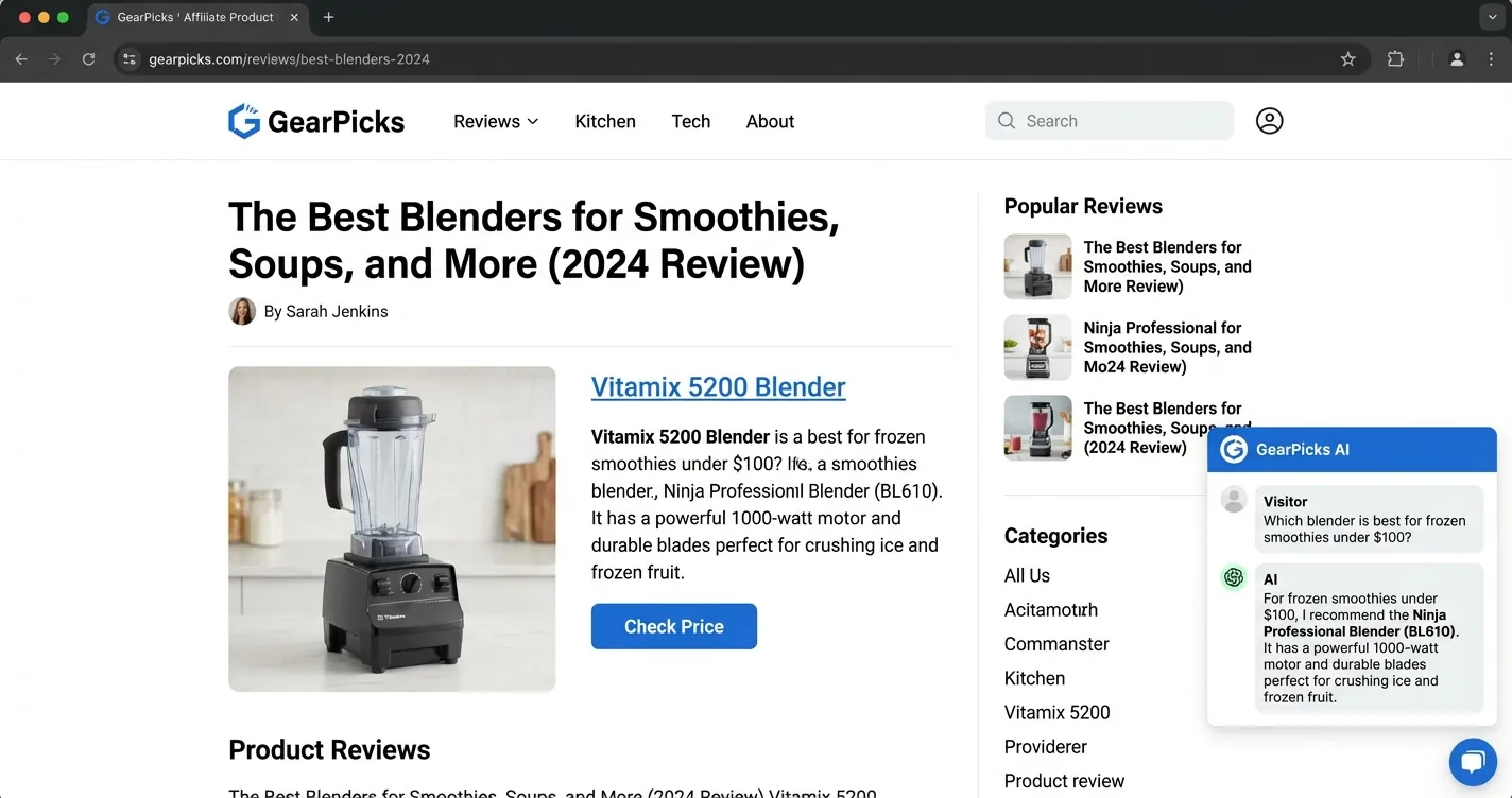 Affiliate product review blog with an AI chat widget showing a product recommendation with an affiliate link