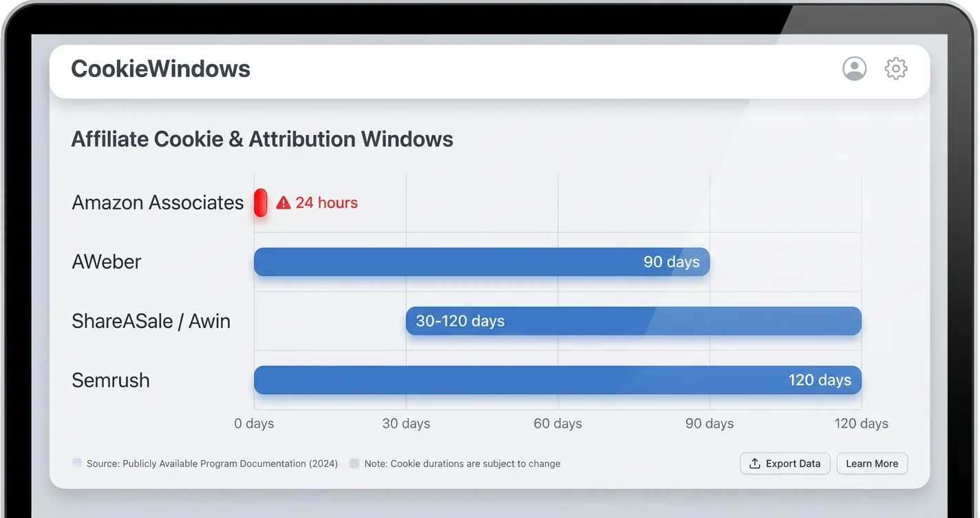 Horizontal bar chart comparing affiliate cookie windows, with Amazon's 24-hour bar tiny next to much longer bars for ShareASale, Semrush, and AWeber