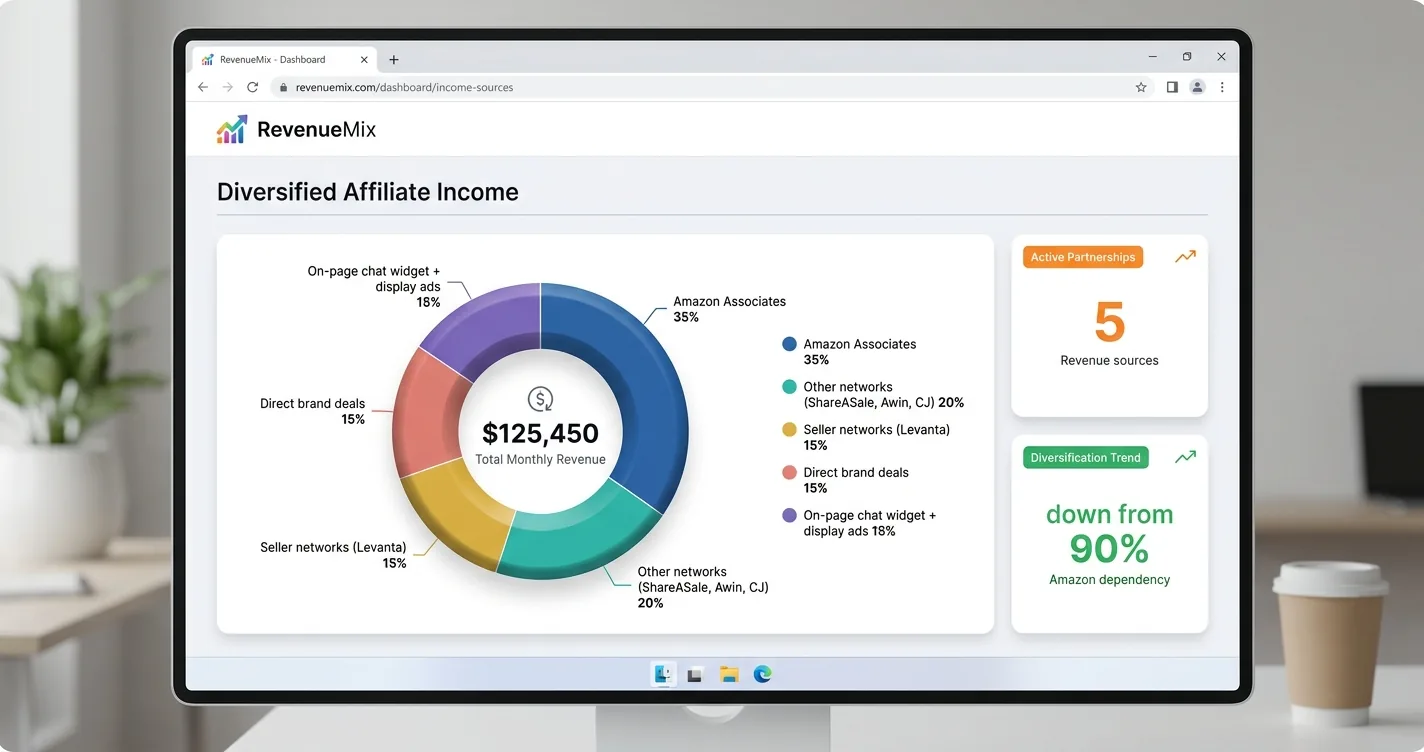 Publisher revenue dashboard showing a donut chart of diversified affiliate income split across Amazon, other networks, seller networks, direct brand deals, and an on-page chat widget