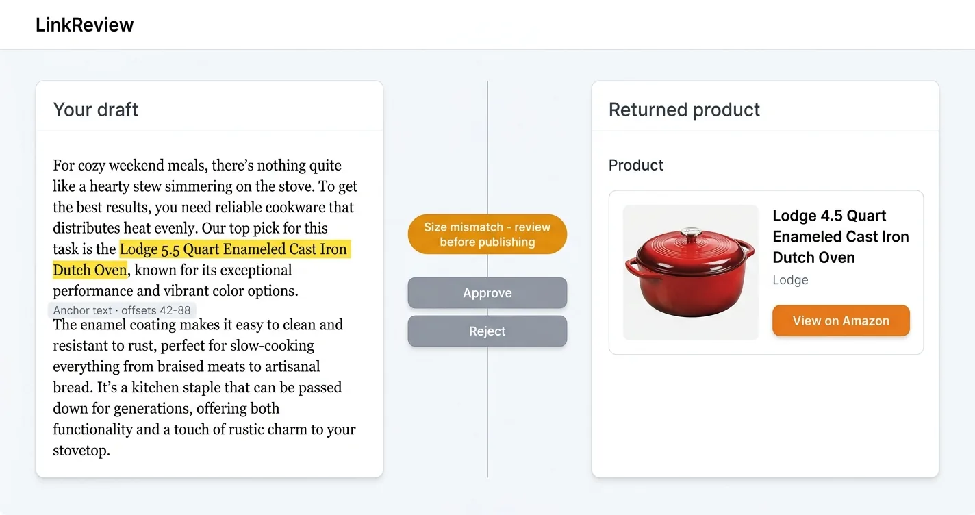 Review tool comparing a draft phrase naming a 5.5 quart Dutch oven against a returned 4.5 quart Amazon product