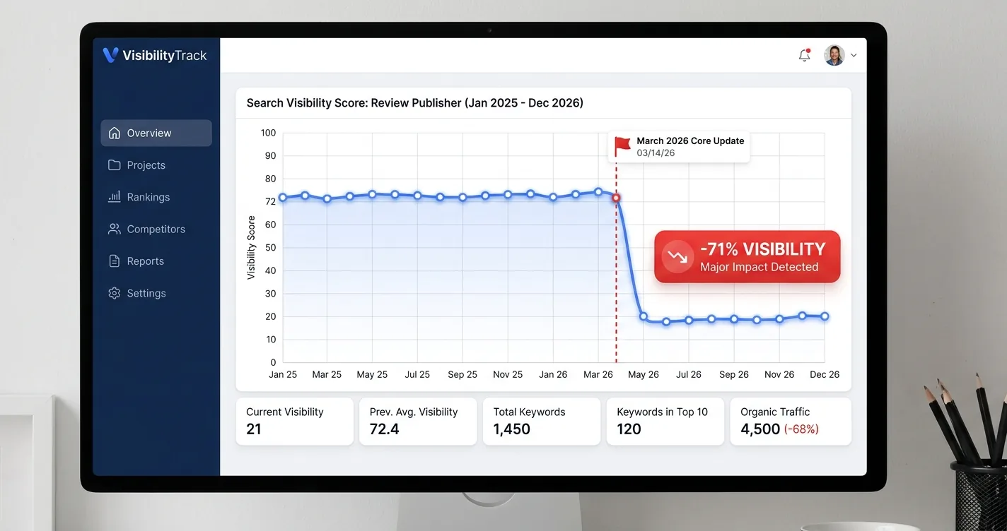 VisibilityTrack dashboard showing a review publisher's search visibility score dropping sharply after the March 2026 core update