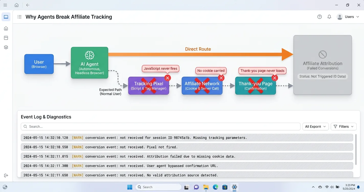 Analytics tool showing an AI agent bypassing the tracking pixel so cookies, JavaScript, and the thank-you page never fire