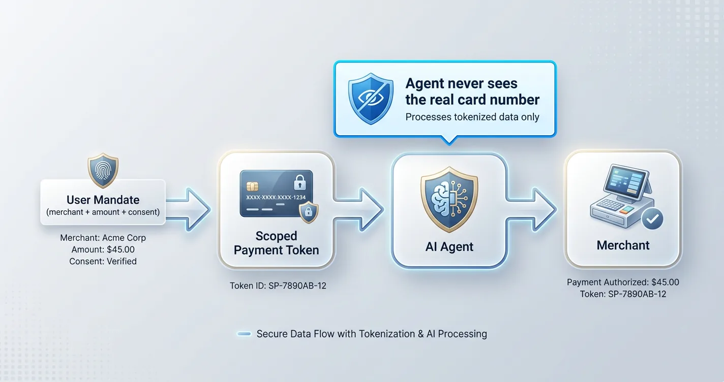 Flow diagram of agentic payment showing a user mandate generating a scoped payment token that the agent uses without seeing the real card