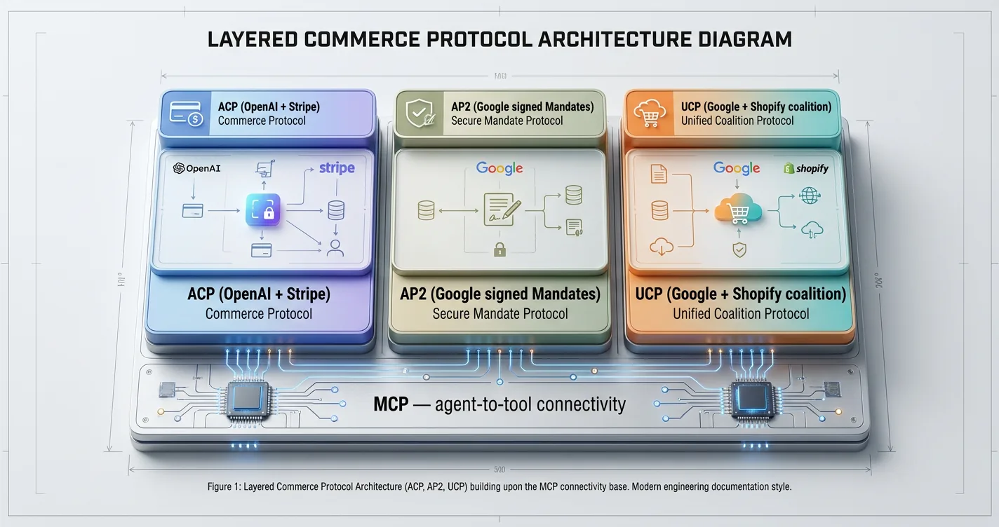 Layered stack diagram showing MCP as the connectivity base with ACP, AP2, and UCP as commerce data structures built on top