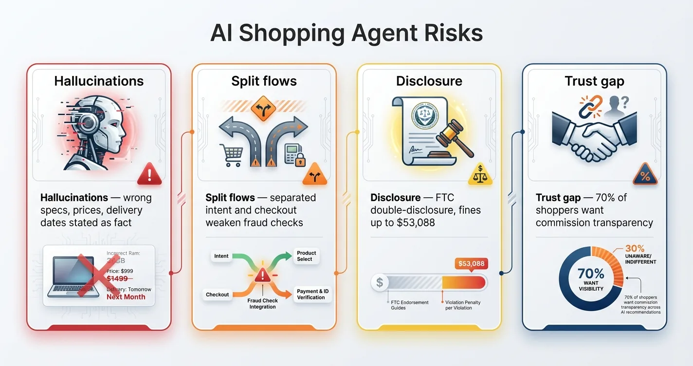 Risk map for AI shopping agents covering hallucinated specs, separated intent and checkout, FTC disclosure rules, and the consumer trust gap