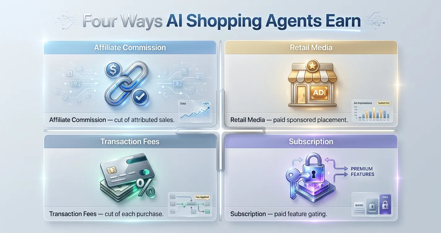 Four-quadrant diagram of AI shopping agent revenue models: affiliate commission, retail media, transaction fees, and subscription