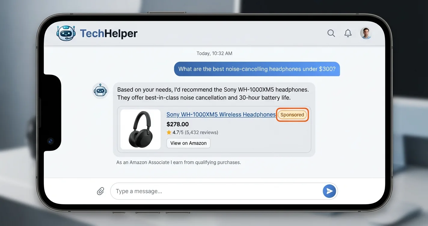 AI chat interface showing proper Amazon Associates disclosure and sponsored label on a product recommendation