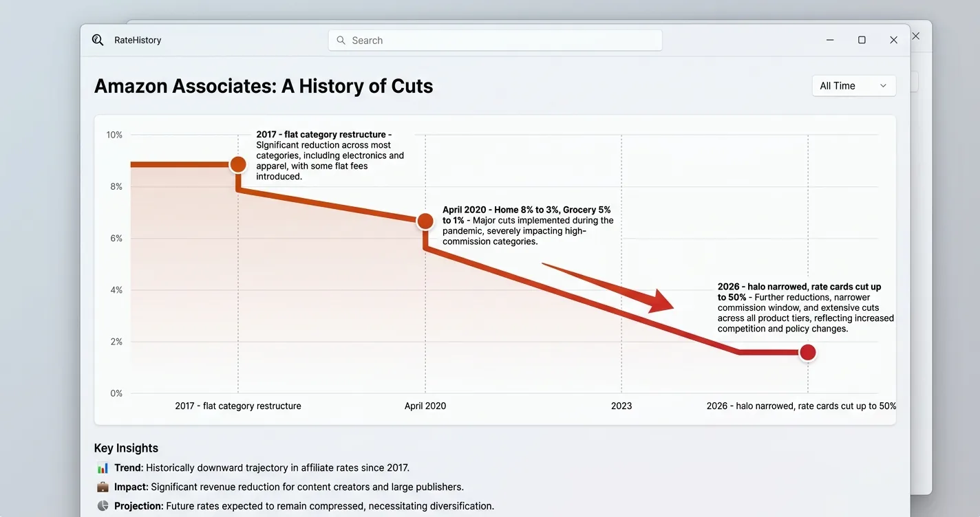 Descending timeline chart marking Amazon affiliate cuts in 2017, 2020, and 2026, emphasizing the recurring pattern of unilateral cuts
