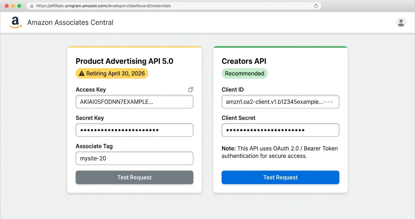 Amazon Associates Central showing PA-API 5.0 retiring alongside the recommended Creators API with OAuth 2.0