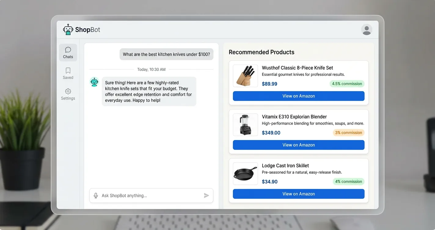 AI shopping assistant showing product recommendations with Amazon affiliate commission rate badges by category