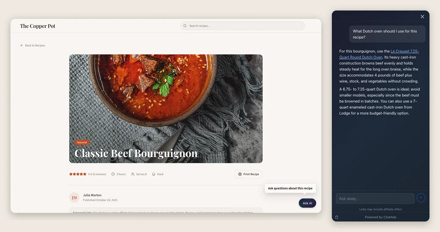 A recipe blog with a labeled Ask AI pill parked in the bottom-right corner on desktop, beside the full-screen chat panel the same button opens on a phone