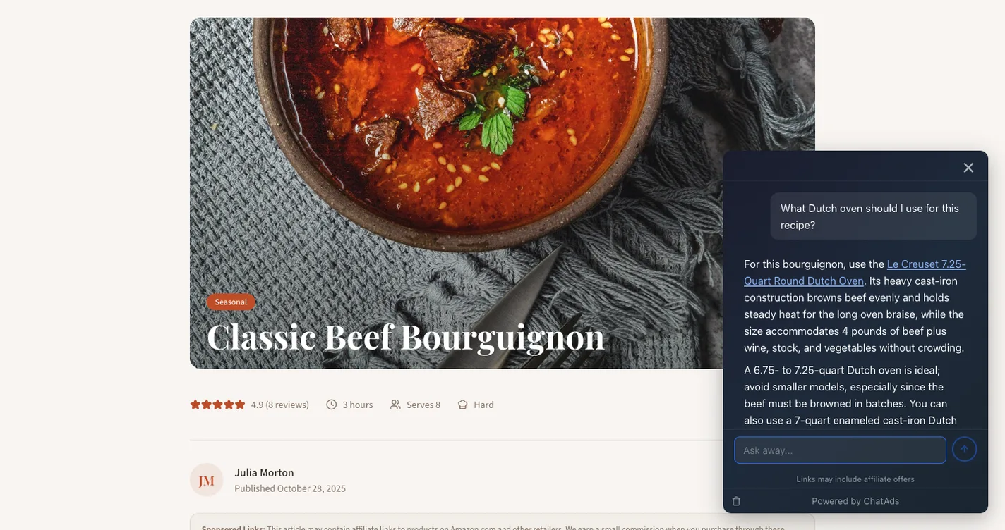 A hosted Ask AI widget open on a recipe post, answering a reader's question about which Dutch oven to use with an in-line product link in the reply