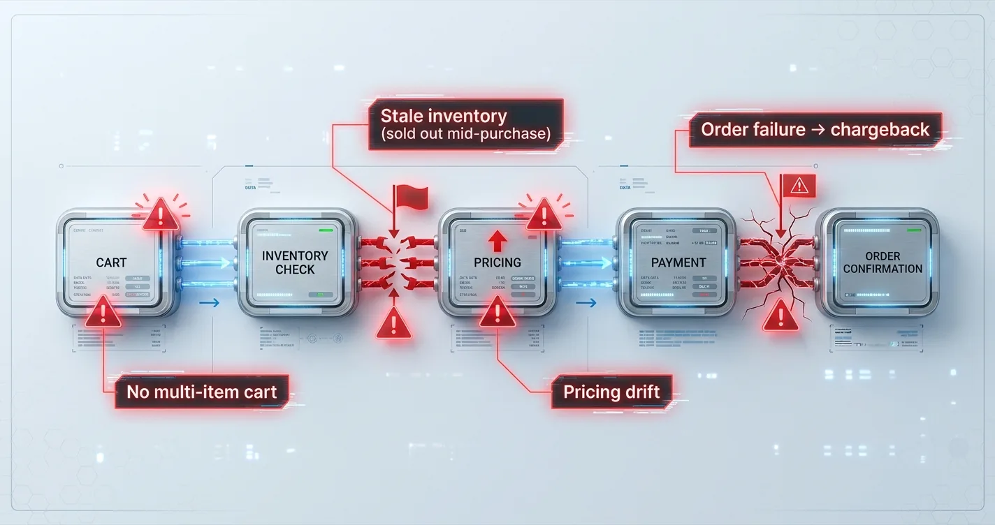 Annotated checkout flow highlighting failure points: stale inventory, pricing drift, no multi-item cart, and chargeback risk