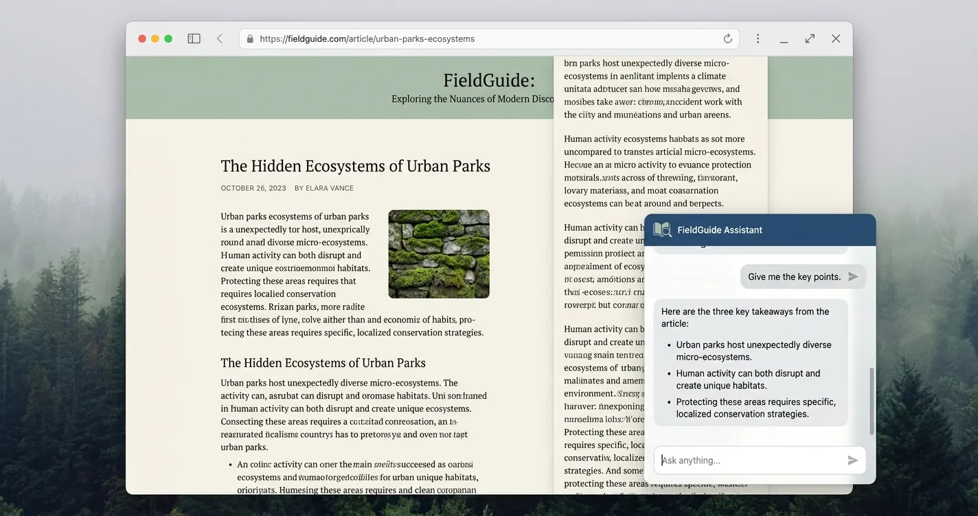 An AI chat widget on a long-form article returning a three-point bulleted summary when a reader asks for the key points