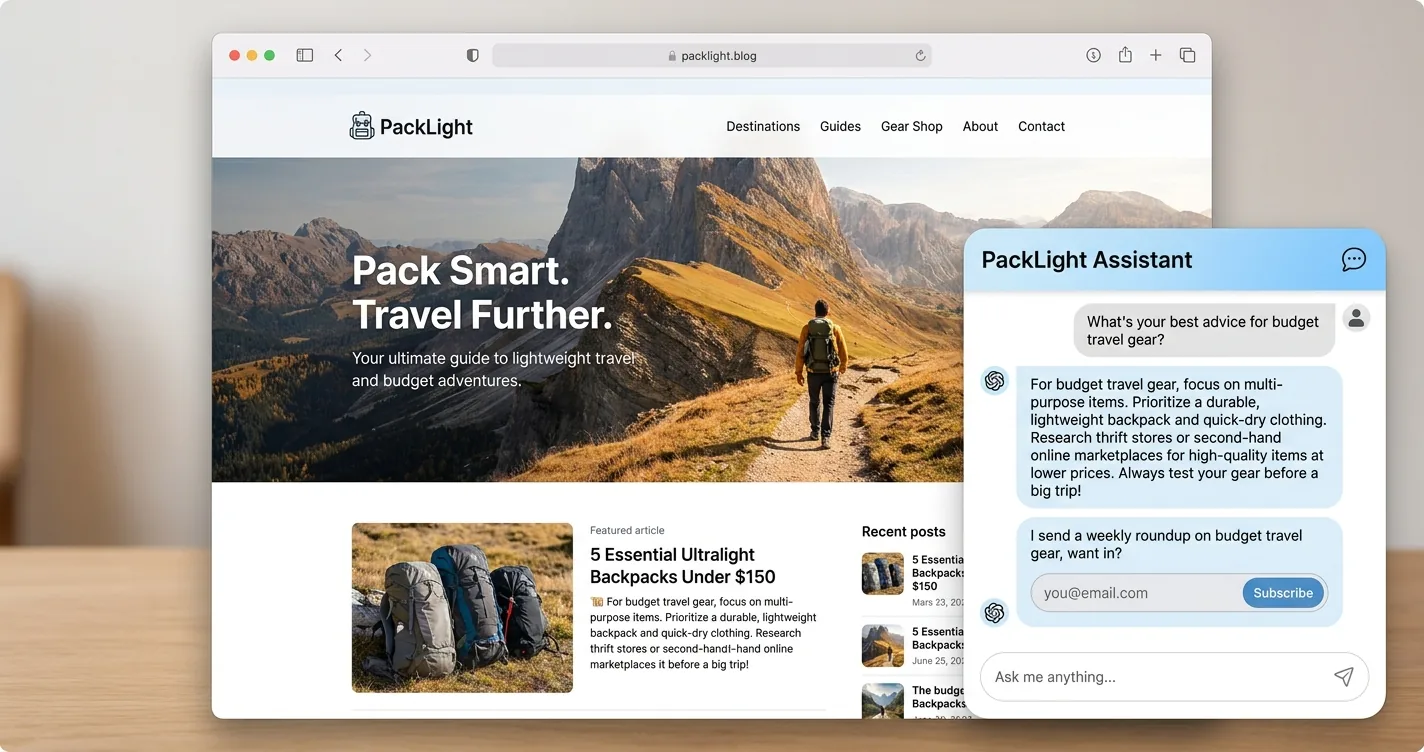 An AI chat widget offering a newsletter signup with an inline email field after answering a reader's question about budget travel gear