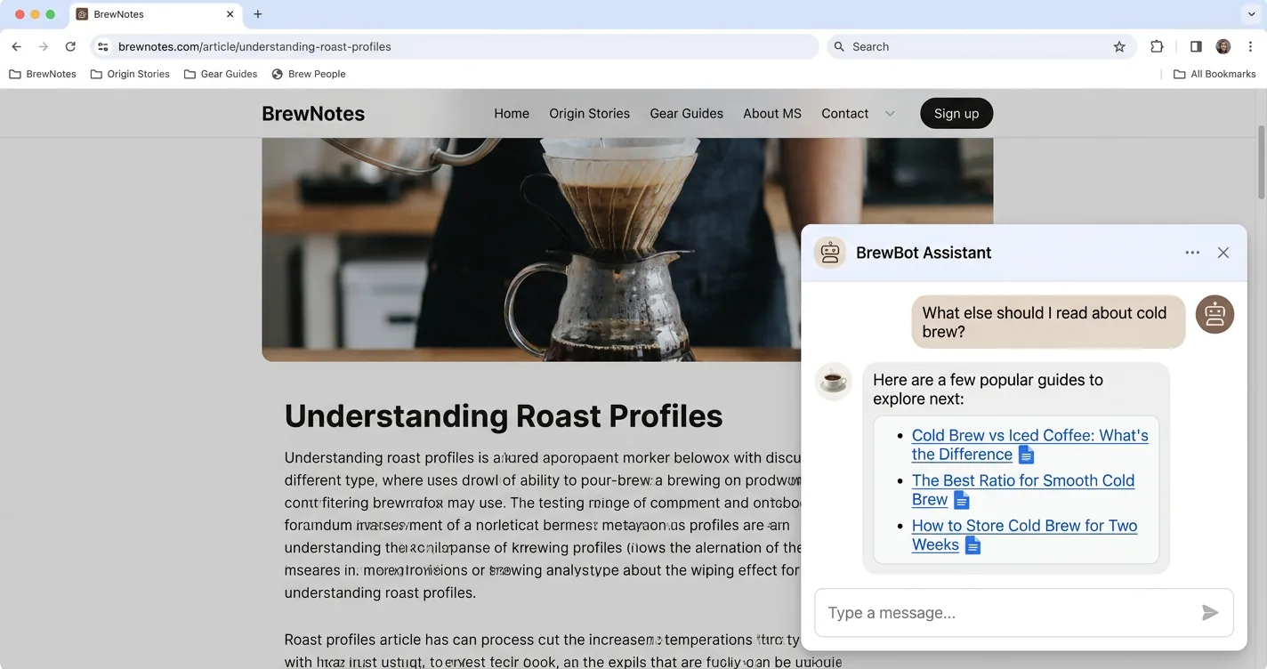 A coffee blog with an open AI chat widget recommending three related posts in response to a reader's question