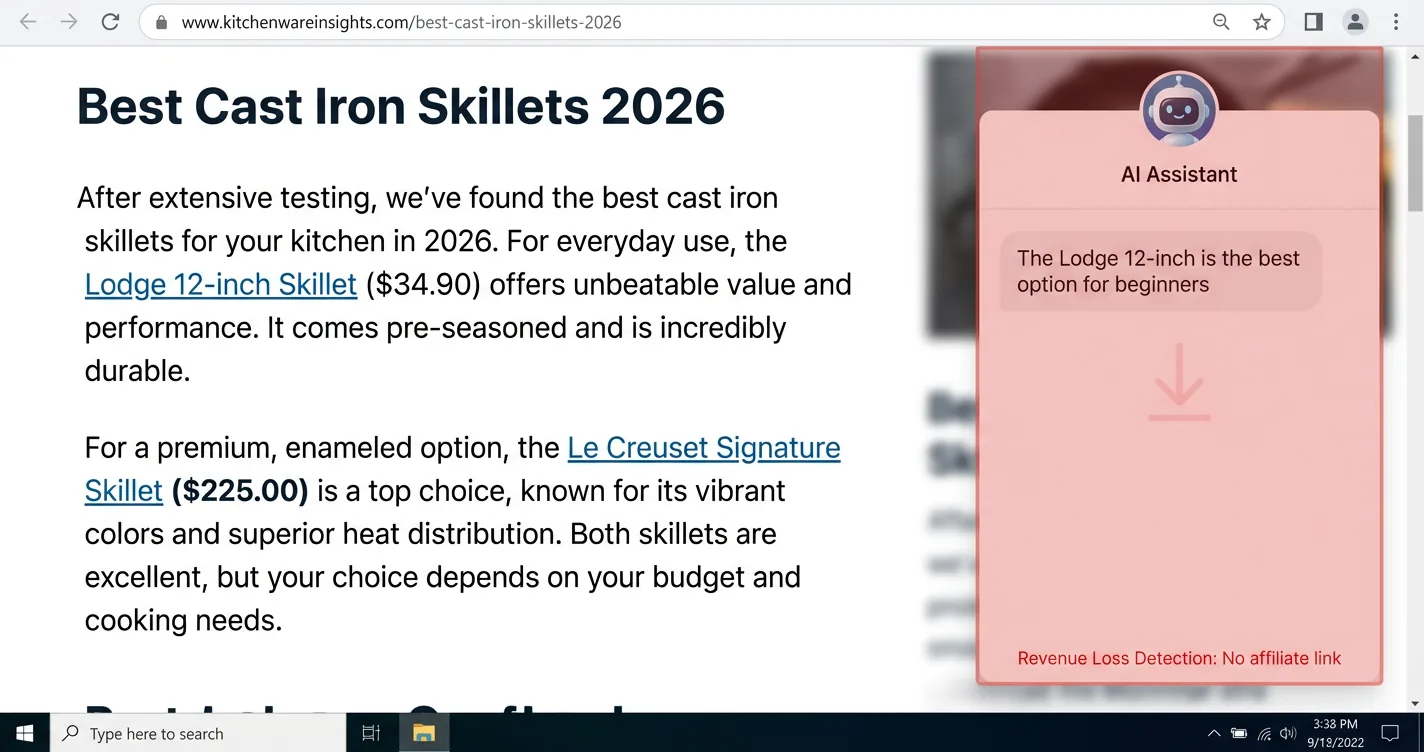 Split-screen showing a blog article with affiliate links versus a chatbot answering the same question without links
