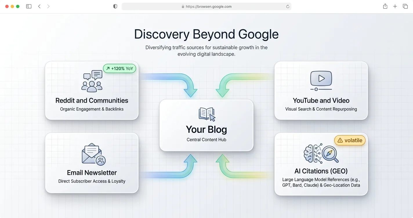 Diagram of Reddit, YouTube, newsletters, and AI citations feeding traffic to a blog beyond Google