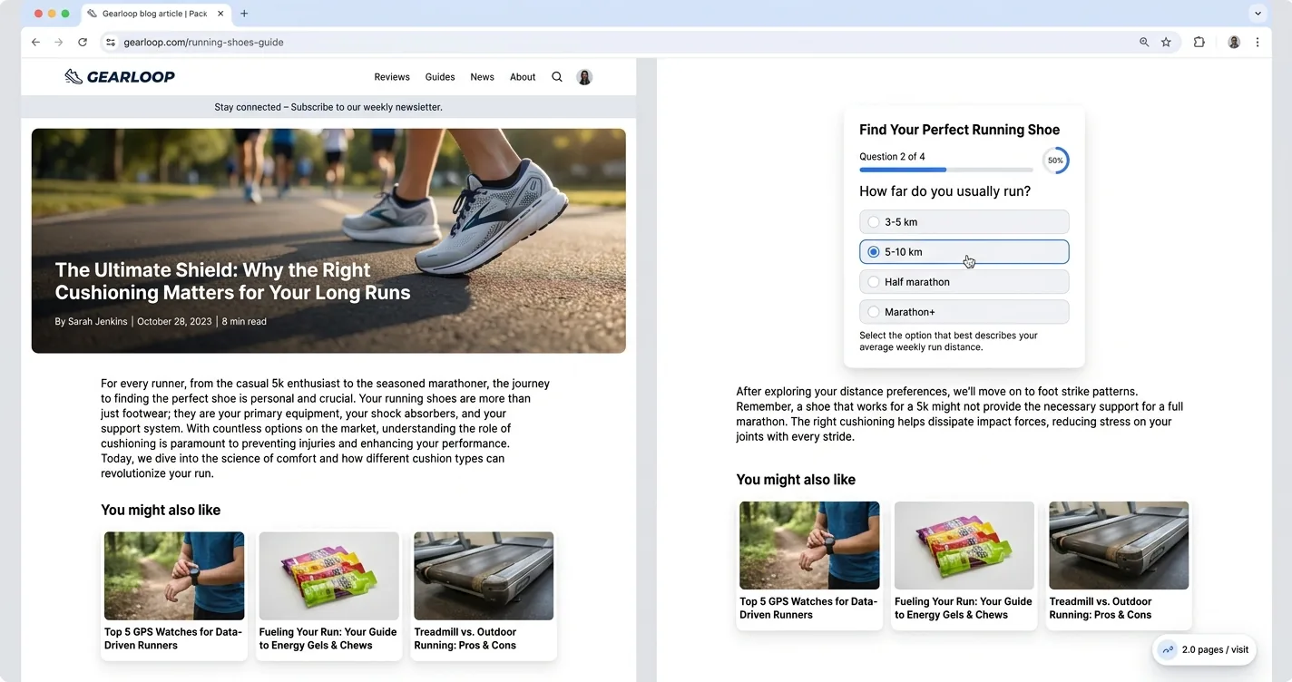 Blog article page with an embedded interactive quiz and a related-posts module driving a second pageview