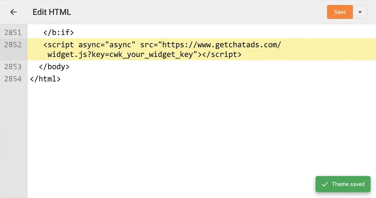 Blogger Edit HTML editor with an XML-safe chatbot script tag placed just above the closing body tag