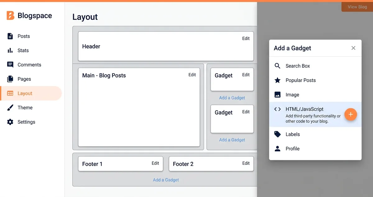 Blogger Layout page with the Add a Gadget dialog open and the HTML/JavaScript gadget highlighted