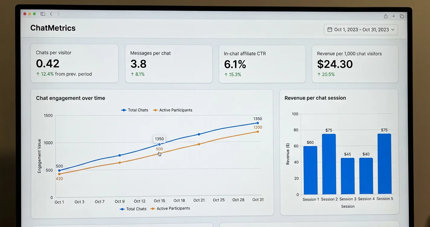 A ChatMetrics analytics dashboard with KPI cards for chats per visitor, messages per chat, in-chat affiliate CTR, and revenue per 1,000 chat visitors, plus engagement and revenue charts