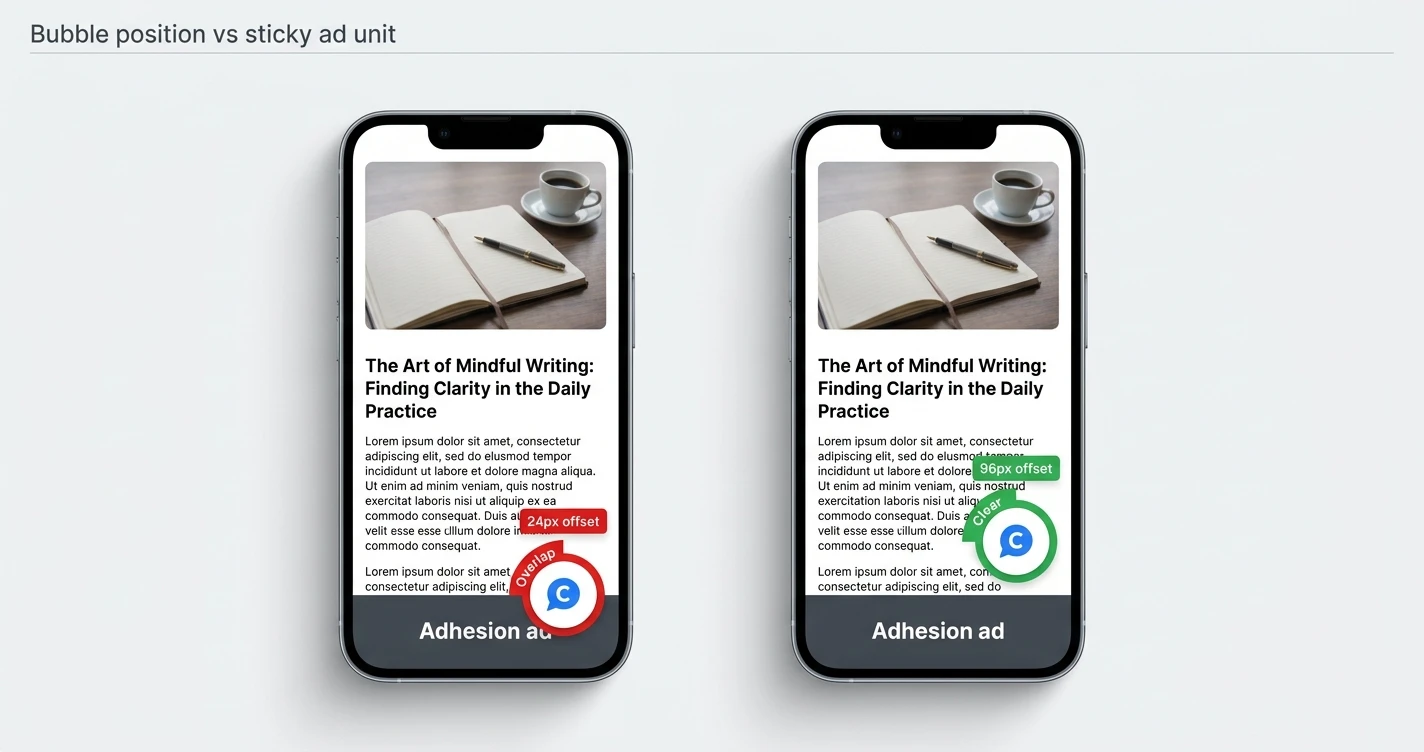 Two phone mockups comparing a chat bubble overlapping a bottom adhesion ad against the same bubble raised above it with clearance
