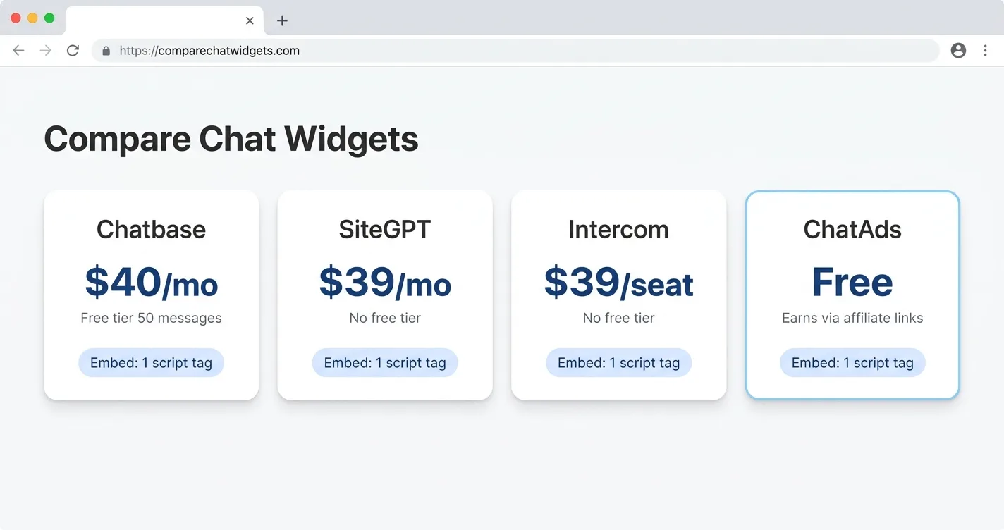 A side-by-side lineup of chat widget option cards showing price, free tier, and embed method