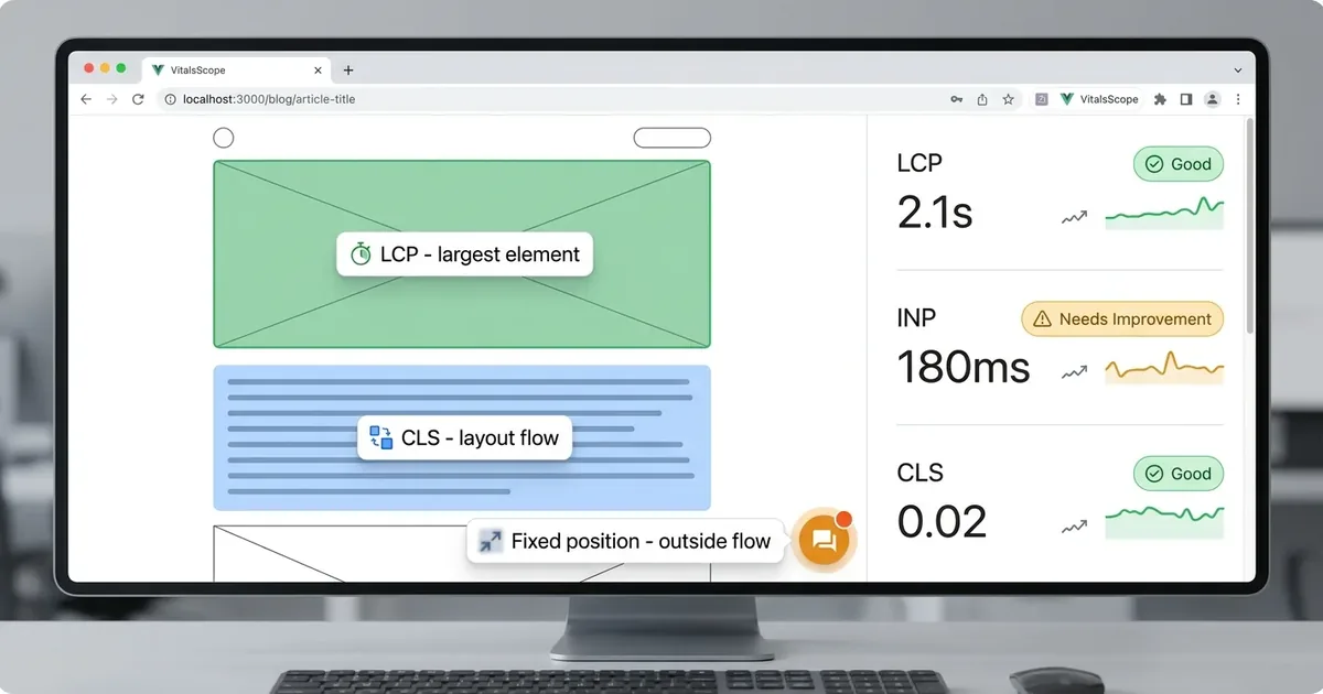 Performance tool showing a blog page with the LCP hero element and CLS layout flow highlighted, a chat bubble labelled fixed position outside flow, and a sidebar reading LCP 2.1s good, INP 180ms needs improvement, CLS 0.02 good