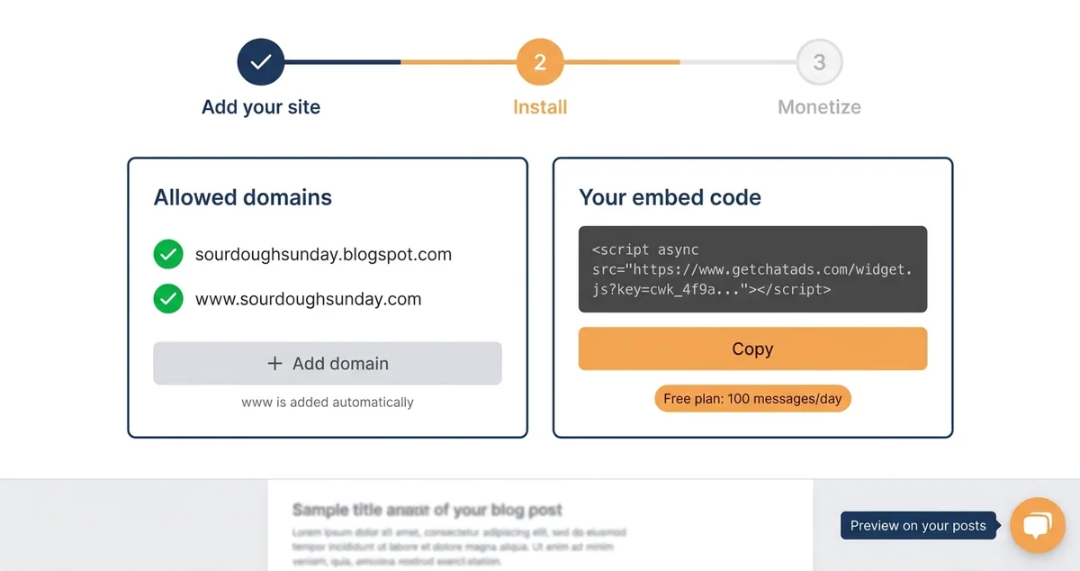 Chat widget install screen with a blogspot address and custom domain allowed and a one-line embed code ready to copy