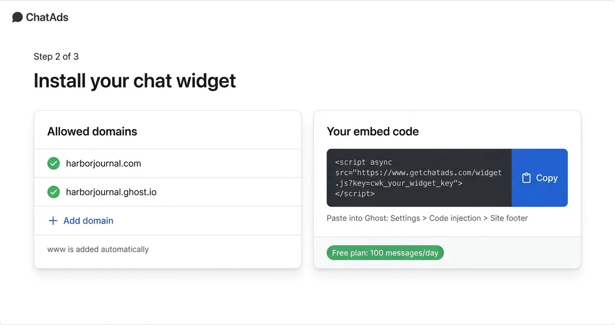 Chat widget install screen with a Ghost custom domain and ghost.io address allowed and a one-line embed code ready to copy