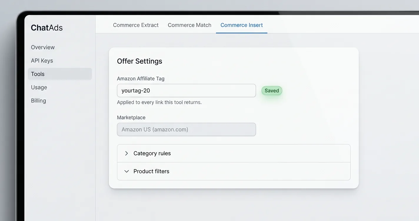 ChatAds Offer Settings panel on the Commerce Insert tab with the Amazon Affiliate Tag field saved