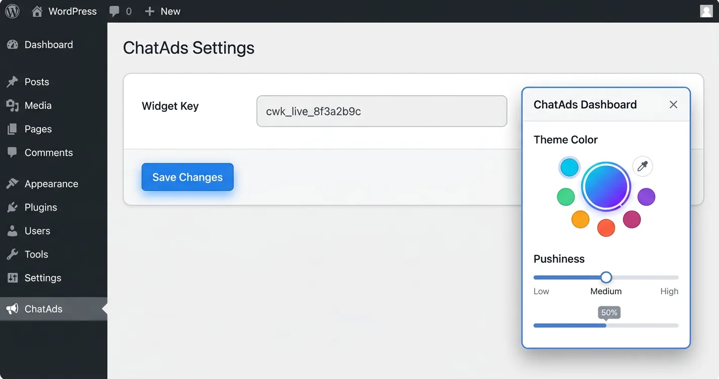 The ChatAds WordPress plugin settings screen with the cwk_ widget key field, next to the ChatAds dashboard theme color and pushiness controls