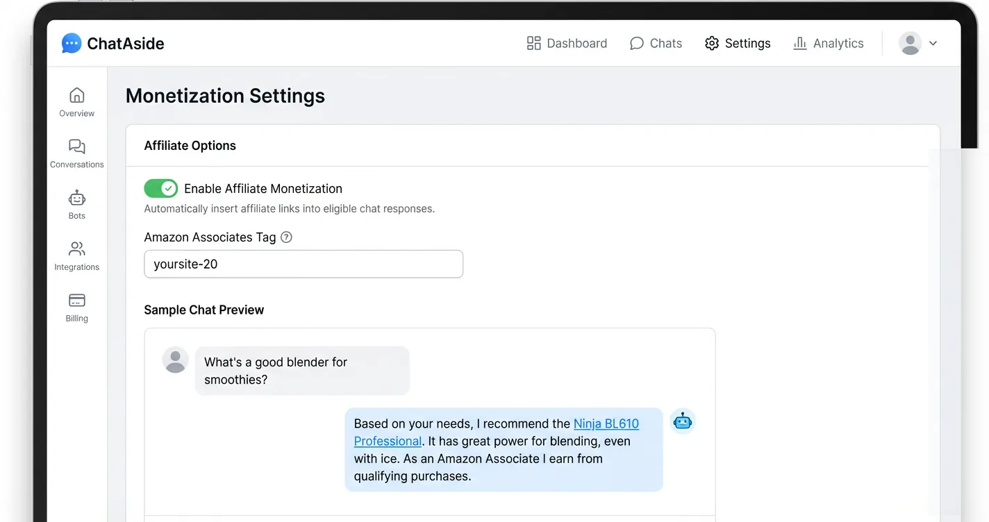 ChatAside dashboard with monetization toggle enabled and Amazon Associates tag configured