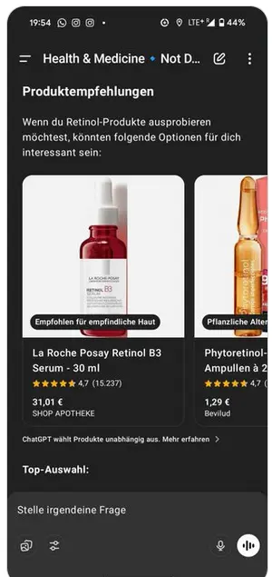 Example of ChatGPT product recommendation cards appearing below AI responses