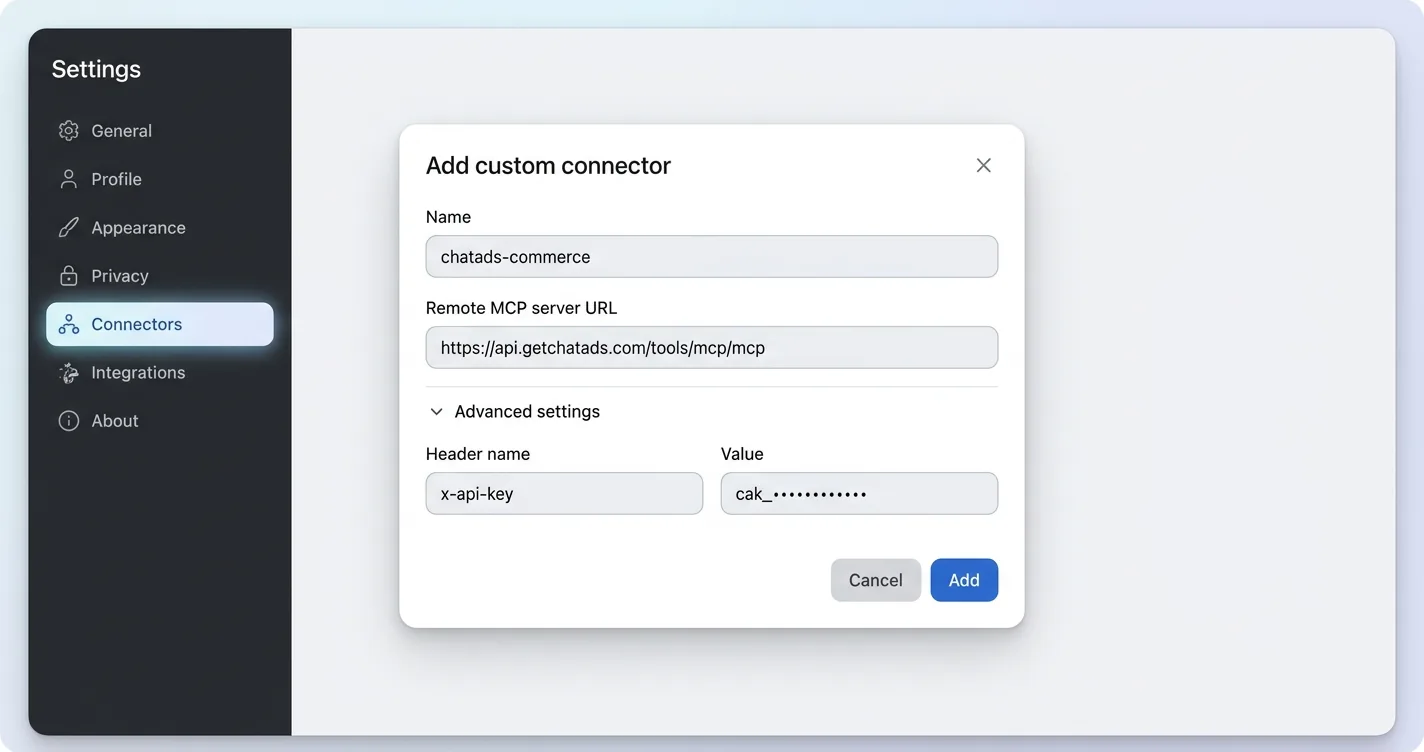 Add custom connector dialog with the ChatAds MCP server URL and an x-api-key header