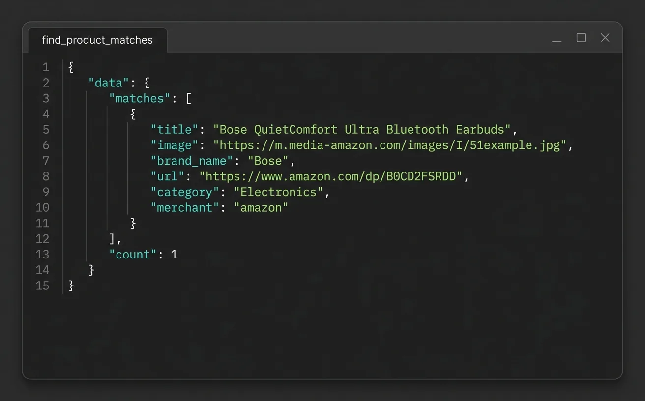 A find_product_matches JSON response showing title, image, brand_name, url, category, and merchant fields for one Amazon product