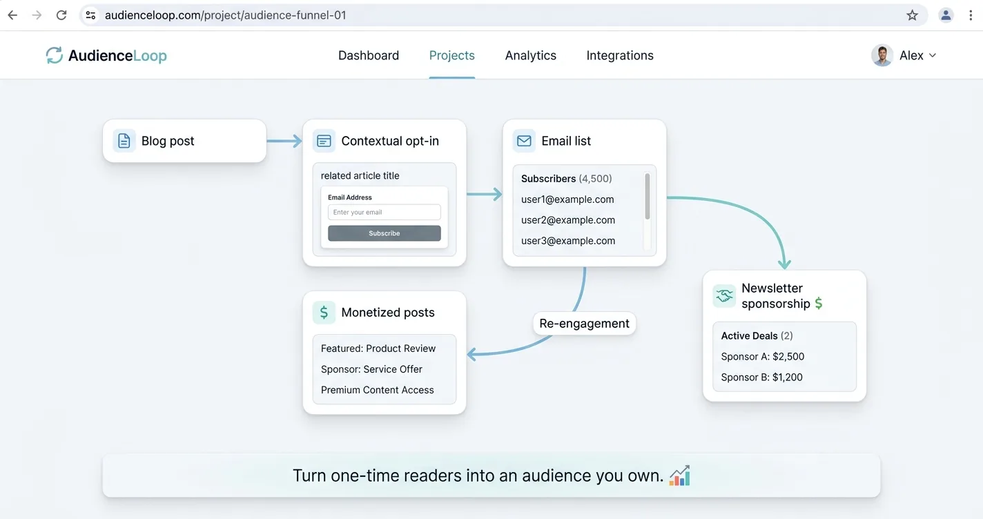 Flow diagram of a reader moving from a blog post through a contextual opt-in into an email list that loops back to monetized posts