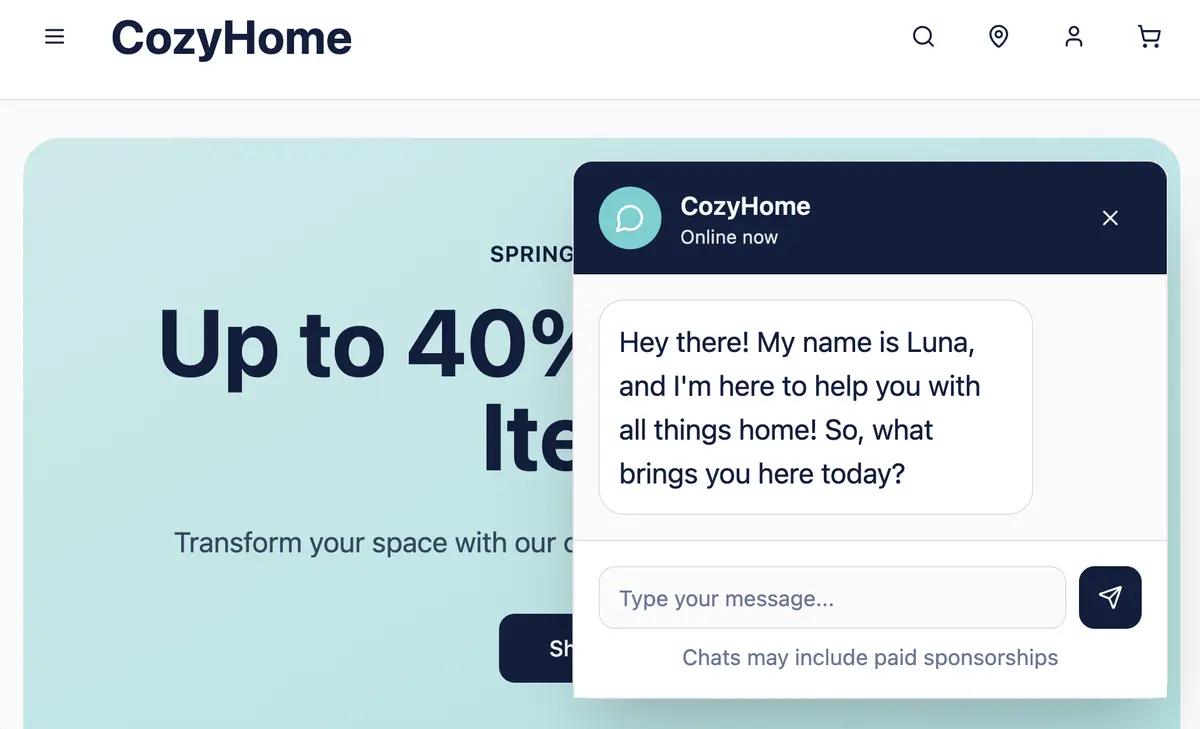 Widget footer showing a disclosure line beneath the chat