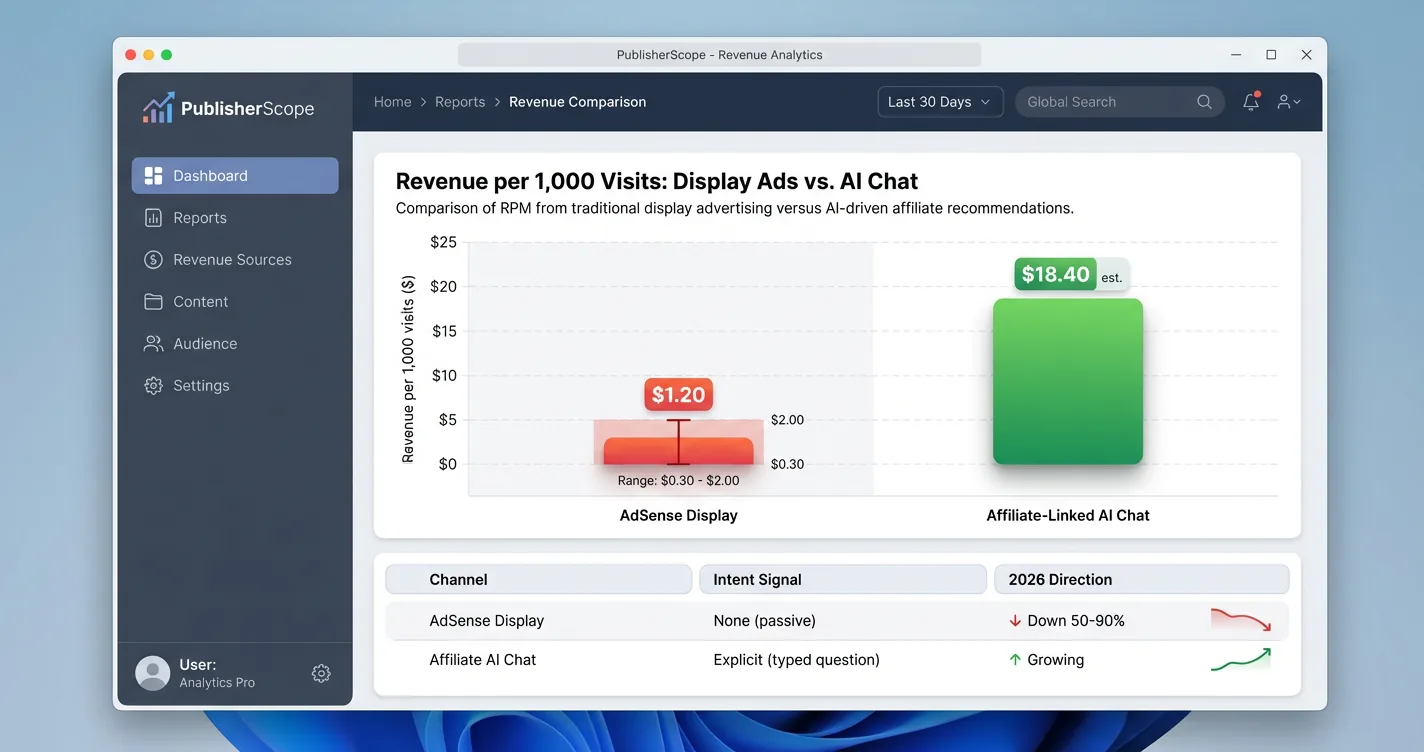 PublisherScope dashboard comparing AdSense display revenue per 1,000 visits against affiliate-linked AI chat revenue