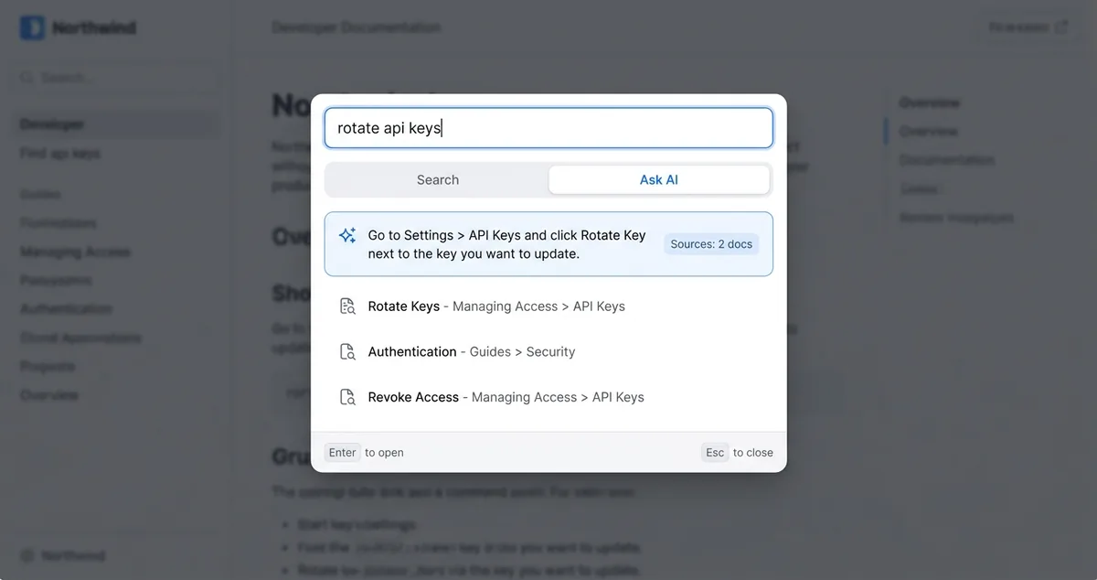 A command palette open over a documentation page with an Ask AI mode selected beside Search, showing an AI answer above ordinary search results
