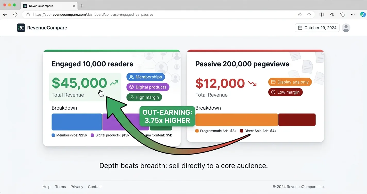 Dashboard comparing a small engaged 10,000-reader audience earning more than a large passive 200,000-pageview audience