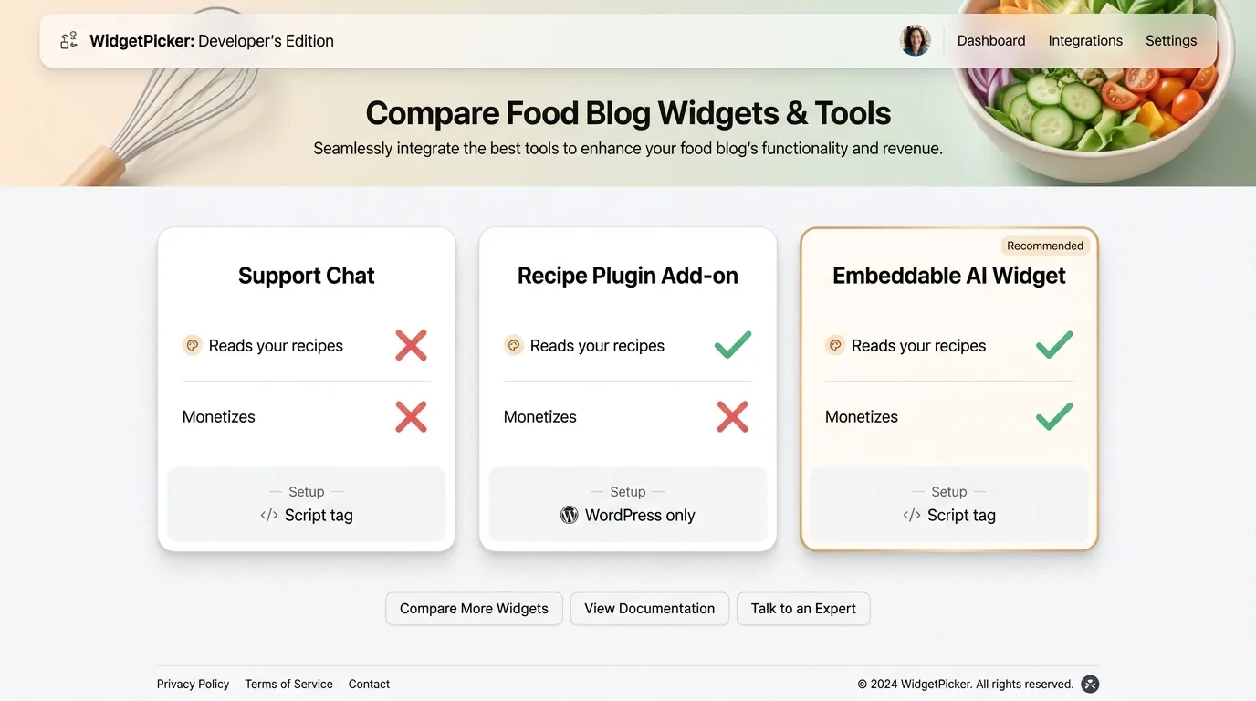 Comparison cards for three widget types (support chat, recipe plugin add-on, embeddable AI widget) with checkmarks for reads recipes and monetizes