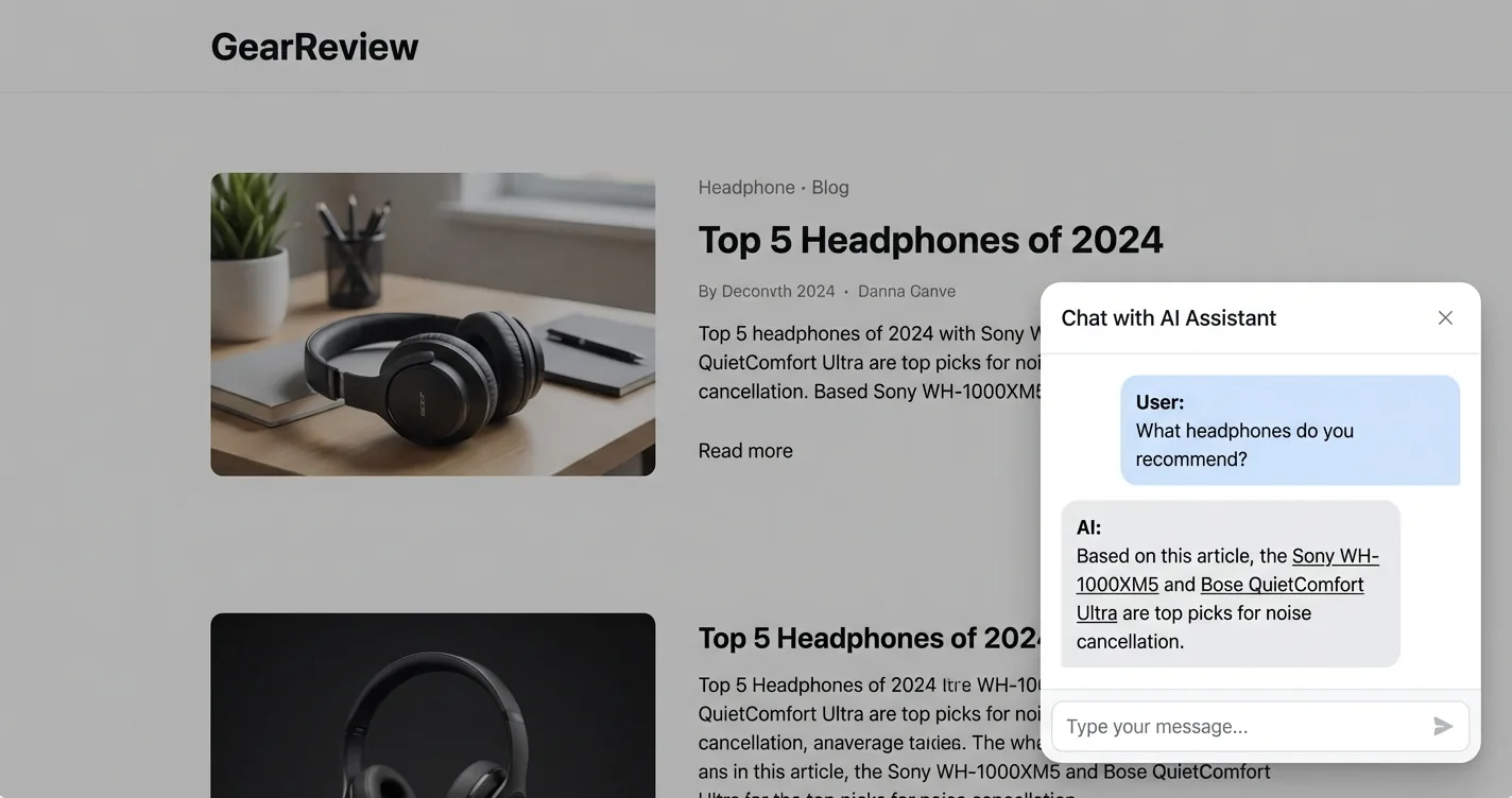 Generic chat plugin on a blog showing product recommendations without affiliate links