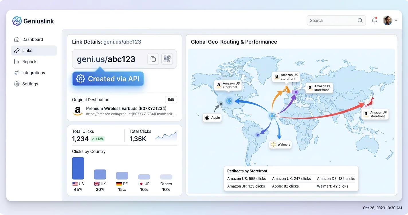 Geniuslink dashboard showing a geni.us short link created via API from an Amazon ASIN, with a world map routing clicks to local storefronts